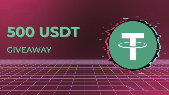 The image features a pink background, which has a green circle with a white "T" inside of it. The text at the bottom of the image reads "500 USDT GIVEAWAY", indicating that there's an online contest for 500 USDT tokens and the winner will receive 25 tokens each.