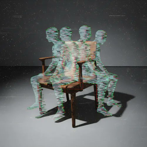 A digital artwork features four translucent, glitchy figures sitting in an old wooden chair against a dark, starry background, rendered with green and red chromatic aberration effects.