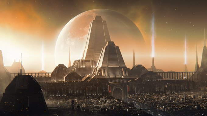 A futuristic sci-fi cityscape at sunset featuring pyramidal skyscrapers, glowing spires, and a large planet or moon visible in the orange sky.