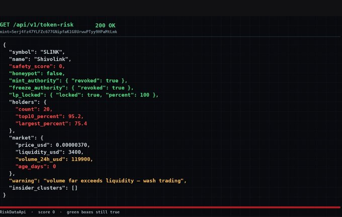 Screenshot of a code terminal showing a GET request to /api/v1/token-risk returning token data for 'Shivolink' ($LINK) with safety score 0 and warnings about wash trading.