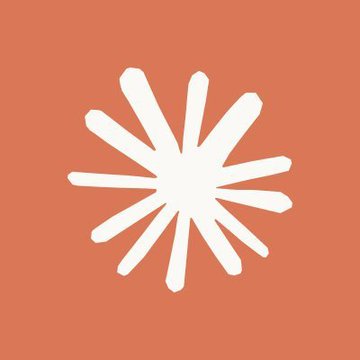 A simple logo features a white starburst or flower-like design composed of pointed rays against a solid coral-orange background.