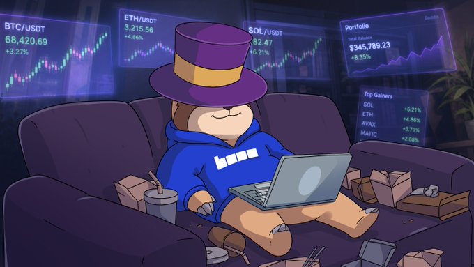 An animated cartoon bear wearing a purple top hat and blue hoodie sits on a couch using a laptop, surrounded by trading screens displaying crypto pairs like BTC/USDT ($68,420.69), ETH/USDT ($3,215.56), and SOL/USDT ($182.47) with a portfolio value of $345,789.23.