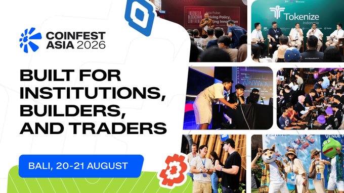 Promotional banner for Coinfest Asia 2026 with the tagline 'Built for Institutions, Builders, and Traders' scheduled for August 20-21 in Bali, featuring Tokenize Indonesia.