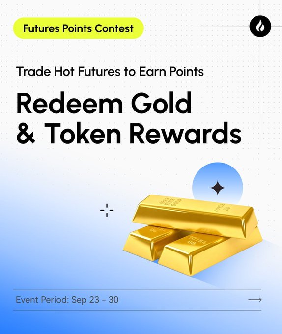 A "Futures Points Contest" promotional graphic inviting users to trade hot futures and redeem Gold and Token Rewards during an event period of Sep 23-30, featuring three gold bars with "999.9" markings against a blue gradient background, aligning with HTX's Hot Coin Points Challenge for DOGE, NEAR, SUI, SNDK, and MU trading pairs.