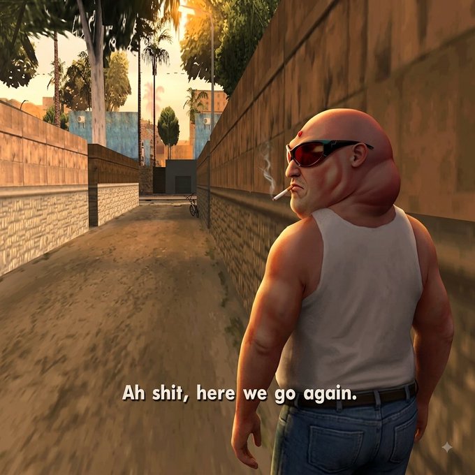 A muscular, bald, sunglasses-wearing character in a white tank top stands in an alleyway smoking a cigarette, with the caption "Ah shit, here we go again." The image cleverly mirrors the post's sentiment about the chaotic, oversaturated crypto landscape, capturing the weary "same old story" feeling of watching endless memecoin promotions flood the timeline.