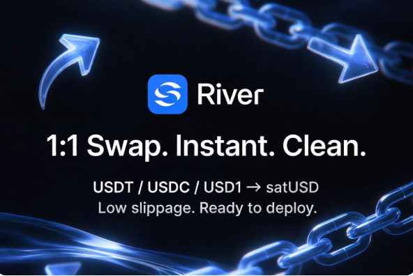 A promotional graphic for River's "1:1 Swap. Instant. Clean." service, featuring a blue chain background and showing the conversion of USDT, USDC, or USD1 into satUSD with low slippage, ready to deploy—directly illustrating the post's message about eliminating friction in stablecoin swapping.