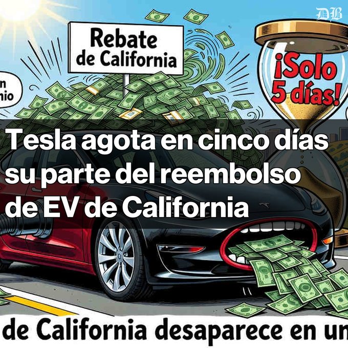 An editorial cartoon illustration showing a black Tesla car with money flying out, with Spanish text reading 'Tesla agota en cinco días su parte del reembolso de EV de California' and '¡Solo 5 días!'.