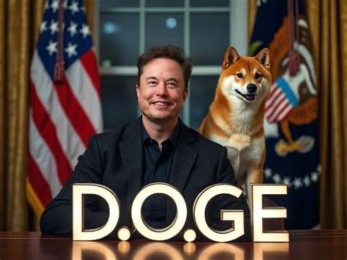 Elon Musk sits at a desk in front of American flags with a Shiba Inu dog over his shoulder, with the letters D.O.G.E displayed prominently on the desk.