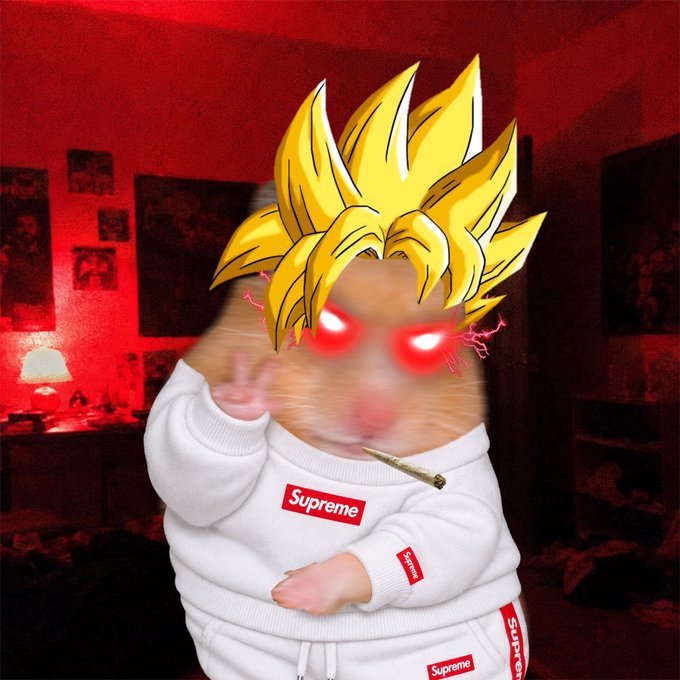 A hamster edited with Super Saiyan anime hair, glowing red eyes, and lightning effects wears a white "Supreme" sweatsuit while holding a joint against a red-lit room. The image ties into the post by giving the hamster character a fierce, hyped-up "drip" aesthetic matching the promotional giveaway vibe of a crypto airdrop.