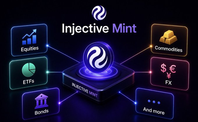 The image showcases the "Injective Mint" platform, featuring a central glowing Injective logo connected to six asset category cards: Equities, ETFs, Bonds, Commodities, FX, and "And more," illustrating the platform's broad tokenization capabilities across multiple capital market sectors. The visualization reinforces the post's message about Injective expanding beyond simple RWA tokenization by offering comprehensive on-chain capital markets infrastructure spanning diverse asset classes.