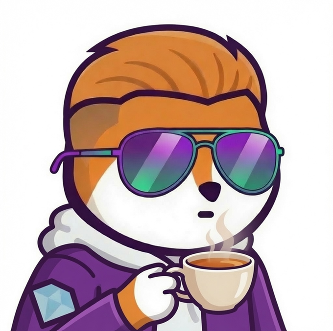 A cartoon mascot of an orange fox-like character wearing reflective purple sunglasses and a purple jacket with an Ethereum (ETH) diamond logo, holding a steaming cup of coffee.
