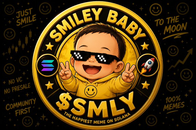 A gold-themed meme coin graphic for '$SMLY' featuring a cartoon baby wearing pixelated sunglasses making peace signs, with text reading 'SMILEY BABY', 'TO THE MOON', 'NO VC NO PRESALE', 'COMMUNITY FIRST', '100% MEMES', and 'THE HAPPIEST MEME ON SOLANA'.