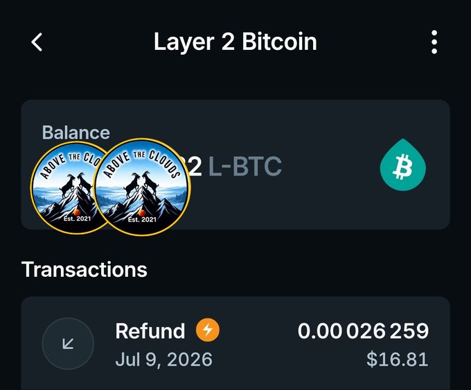 A mobile screenshot showing a "Layer 2 Bitcoin" wallet with an L-BTC balance of 2 (partially obscured by "Above the Clouds" Est. 2021 badges) and a refund transaction of 0.00 026 259 BTC ($16.81) dated Jul 9, 2026, demonstrating a completed Liquid Network transaction via the Aqua Bitcoin wallet. The image visually supports the post's claim that Liquid transactions on Aqua Bitcoin work seamlessly in real-world use.