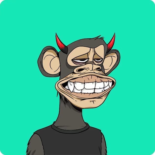 A digital illustration of a cartoon monkey with red devil horns, a wide toothy grin, and droopy eyes against a teal background.