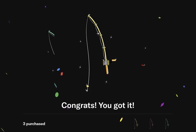 A minimalist game victory screen on a black background with scattered colorful confetti, displaying a fishing rod and the message 'Congrats! You got it!' with '3 purchased' indicated at the bottom.