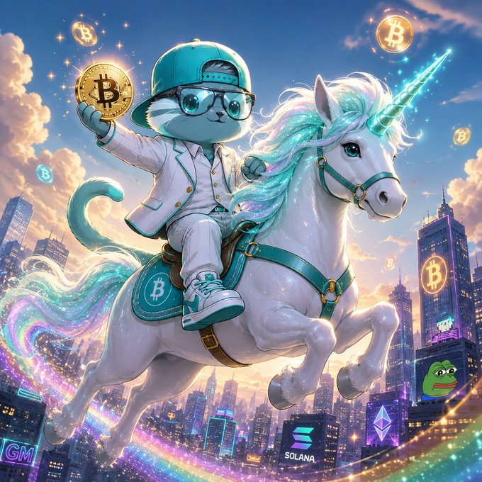 Digital artwork of an anthropomorphic cat in a white suit, teal cap, and sunglasses riding a white unicorn with a teal mane, surrounded by Bitcoin logos over a cityscape featuring Solana branding.