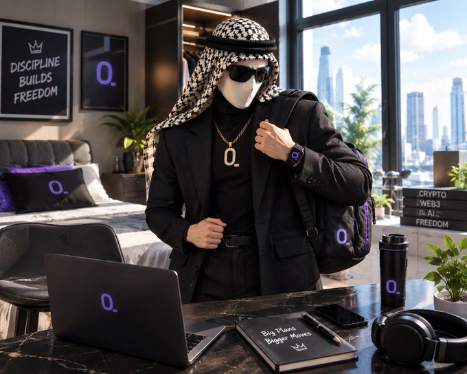 A person wearing a black blazer, a black and white checkered keffiyeh, and a blank white mask stands in a modern room holding a backpack, surrounded by items including a laptop, a notebook reading 'Big Plans Bigger Moves', a water bottle, and books titled 'CRYPTO', 'WEB3', 'AI', and 'FREEDOM', with posters reading 'DISCIPLINE BUILDS FREEDOM' and a glowing 'O.' logo on the wall.