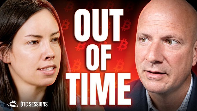 The image is a YouTube thumbnail featuring a woman with dark hair on the left and a bald man on the right, separated by bold white text reading "OUT OF TIME" against a red background patterned with Bitcoin logos, with "BTC SESSIONS" branded in the lower left corner, promoting an episode of the BTC Sessions podcast that discusses the urgent U.S. fiscal situation where interest and entitlement obligations have reached 105% of federal receipts, as referenced in the accompanying post.