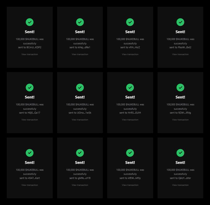 A grid of 12 successful transaction notifications, each showing that 100,000 $NUKEBULL tokens were successfully sent to different Solana addresses (e.g., BOmU…KDP2, vFH…HsfZ, h9RS…EUfH, 92Wi…IRVg), supporting the claim of a #SolanaAirdrop distribution requiring participants to drop their #SOL address, RT the pinned post, and follow the account.