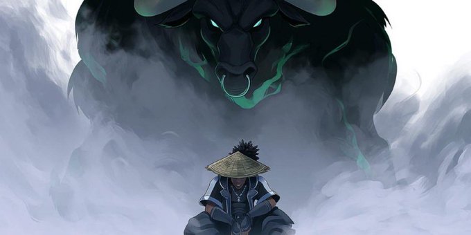 An anime illustration depicts a character wearing a straw hat sitting calmly in front of a massive, dark spirit wolf with glowing green eyes emerging from mist.