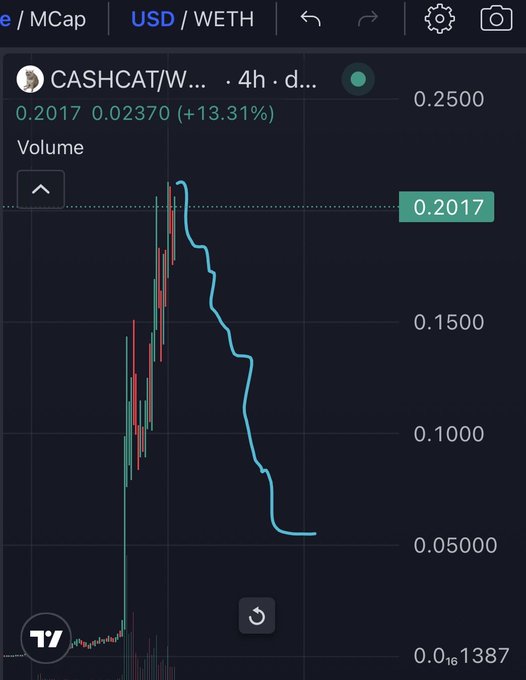 A TradingView chart shows CASHCAT/WETH on a 4-hour timeframe, with the price currently at 0.2017 (+13.31%), but visibly declining from a peak near 0.2200 down to around 0.0500 before a small recovery, illustrating the post's intent to exit and short the token on Hyperliquid.