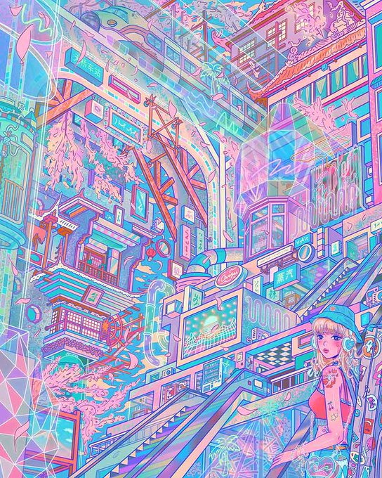 A vibrant, pastel-colored cyberpunk illustration of a futuristic Japanese-style cityscape with an anime girl wearing headphones in the lower right corner.