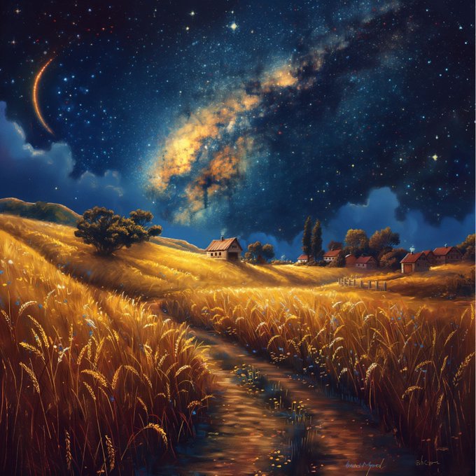 A vibrant painted night scene of a golden wheat field with a winding path, distant village houses, and a spectacular starry sky featuring a crescent moon and colorful nebula.