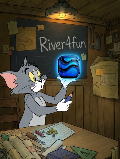 The image shows Tom from Tom and Jerry sitting at a workbench in a workshop, holding up a glowing blue River P2P app icon next to "River4fun" written on a chalkboard. The illustration ties to the post's theme by symbolizing the creative, hands-on design behind River4fun's effort to make cross-chain DeFi feel simple and seamless.