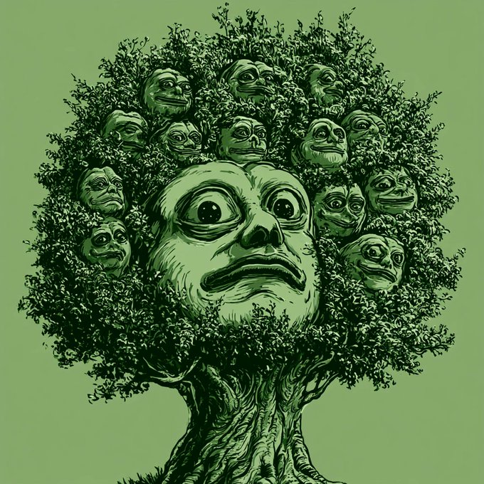 A surreal illustration of a tree where the foliage is replaced with numerous human-like faces peering out, with a larger face at the center, all rendered in shades of green.