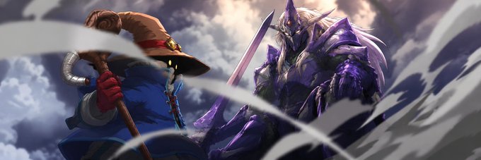 An intense anime-style showdown between a wizard in a red hat holding a staff and a towering purple armored warrior wielding a glowing sword amid swirling clouds.