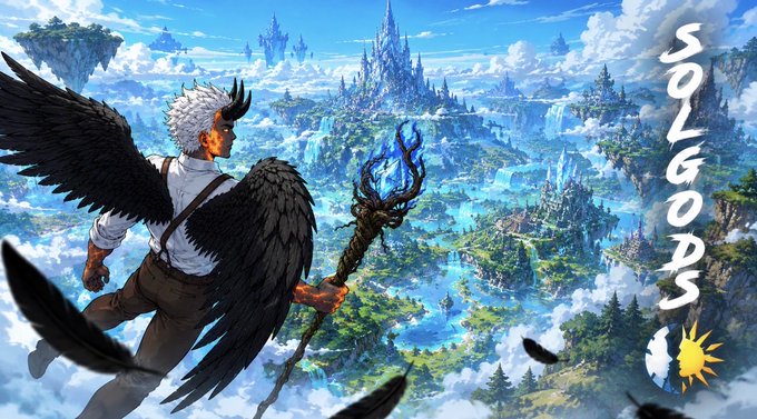 A fantasy illustration of a winged, horned character with white hair and a glowing blue staff overlooking a magical floating city/kingdom in the clouds, with the text 'SOLGOPS' vertically on the right side.