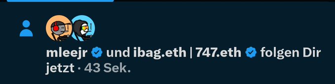 The image shows a Twitter/X notification indicating that verified users "mleejr" and "ibag.eth | 747.eth" are now following the viewer, displayed 43 seconds ago. This notification relates to the accompanying post thanking @MLeeJr for the follow.