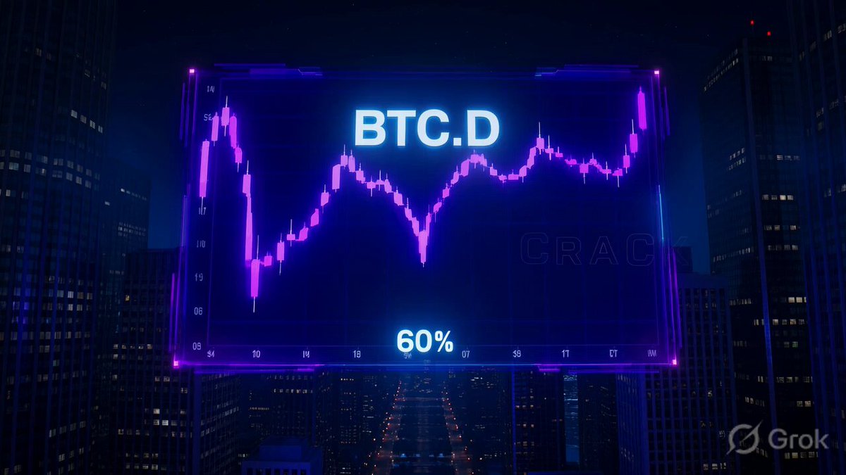 The image features a large billboard with a city skyline behind it, depicting the Bitcoin price chart for the past few months. The Bitcoin value has been fluctuating over time, showing a 60% increase or decrease from one period to another. The city backdrop provides a sense of depth and context to the dynamic nature of the cryptocurrency market.