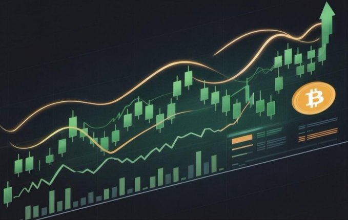 The image shows a glowing green candlestick chart with an upward-pointing arrow and a Bitcoin logo, illustrating a strong bullish trend. It visually reinforces the post's message about Bitcoin making new highs and the quiet institutional accumulation driving the rally while retail investors hesitate.