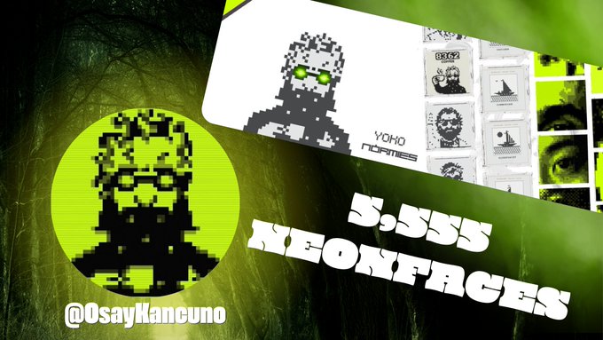 A digital graphic showcases pixel-art portraits of a bearded man with sunglasses, one in a bright green circle labeled '@0sayKancuno' and another on a white card, alongside the text '3,555 NEONFACES' against a dark forest background.