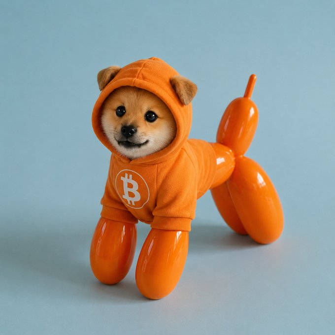 A Shiba Inu dog wearing an orange hoodie featuring the Bitcoin logo, posed as if its body were made of orange balloon animals on a light blue background.