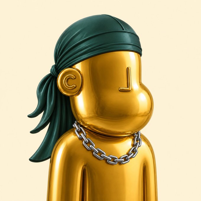 A glossy golden 3D character with a green bandana and silver chain necklace features a "C" logo on its ear and an "L" on its face, resembling a stylized thug mascot. The bold, tough aesthetic aligns with the post's "Thugs on top" message and excitement about an airdrop from @npconchain.