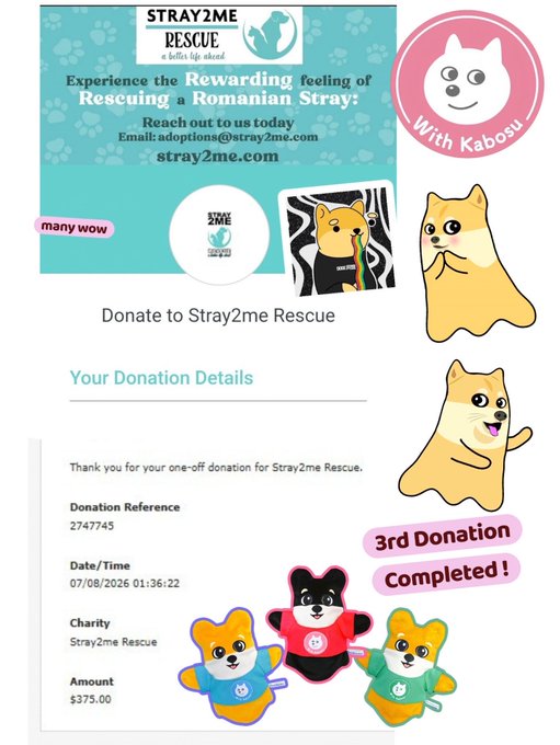 A donation confirmation screenshot for Stray2me Rescue showing a $375.00 donation dated 07/08/2026, decorated with cartoon dog characters and text reading '3rd Donation Completed!'