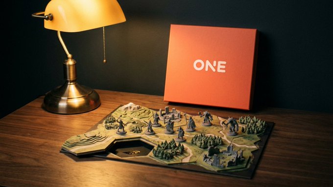 A tabletop strategy game set is displayed on a wooden desk next to a vintage brass lamp, featuring miniature figures arranged on hexagonal terrain tiles alongside a red box prominently labeled "ONE." The scene reflects the post's promotion of a tactical fantasy game, with the "ONE" branding tying directly to the ONEquest pre-register challenge for Gemini Seed.