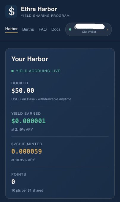A mobile screenshot of the 'Ethra Harbor YIELD-SHARING PROGRAM' interface showing $50.00 docked, a yield earned of $0.000001 at 2.19% APY, and $VSHIP minted at 10.95% APY.