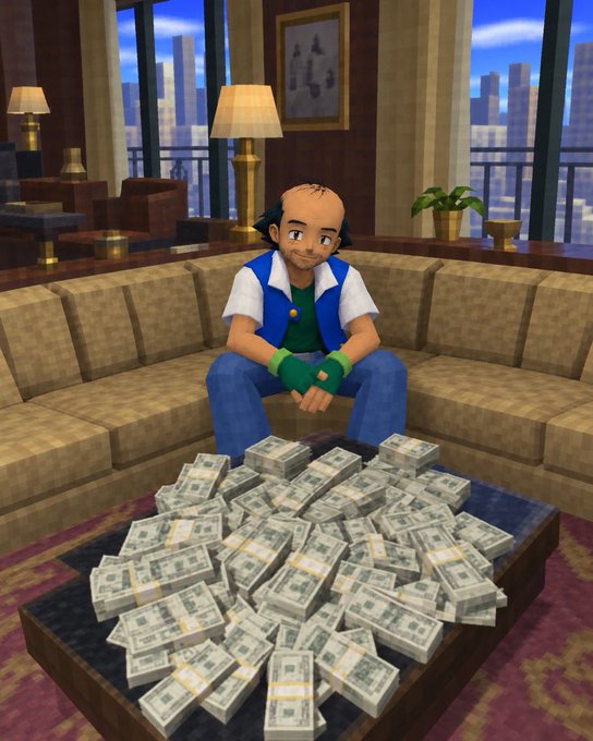 A 3D animated scene of a balding man sitting on a couch behind a coffee table piled high with stacks of money.