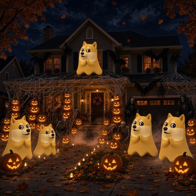 AI-generated Halloween scene of a haunted house decorated with jack-o'-lanterns, skeletons, and bats, populated by multiple cartoonish Doge-style Shiba Inu dogs.