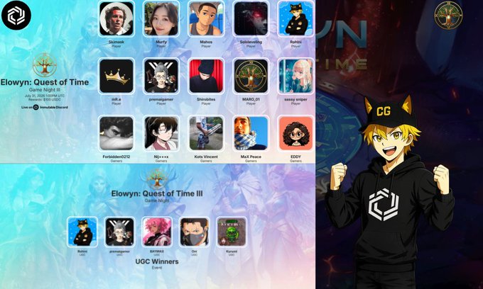 A graphic shows the 'Elowyn: Quest of Time' crypto NFT competition results, listing top winners like 'primexgamer' and 'Stmiddles' alongside an anime-style mascot.