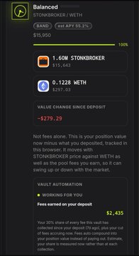 A mobile app screenshot showing a 'Balanced' RANG/ETH liquidity pool with 1.60M RANG and 0.1228 WETH, displaying a vault value change since deposit of -$279.29 and fees earned of $2,435.