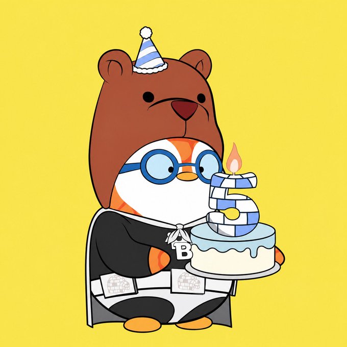 A cartoon illustration of a bear wearing a bear costume and party hat, holding a cake with a candle shaped like the number 5.