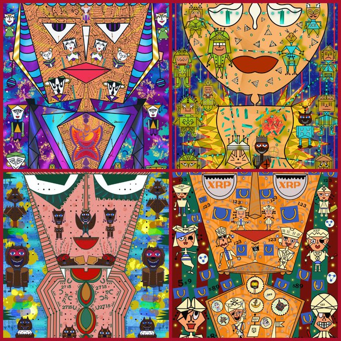 A four-panel vibrant, abstract painting featuring stylized faces, figures, geometric patterns, and the text 'XRP' repeated in two of the panels.