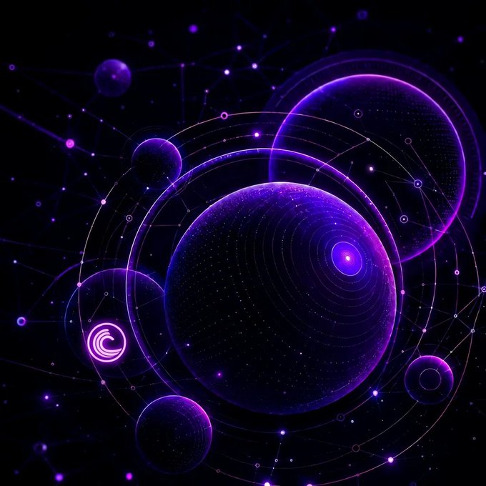 An abstract digital artwork featuring glowing purple and violet spheres with orbital lines and particles on a black background.