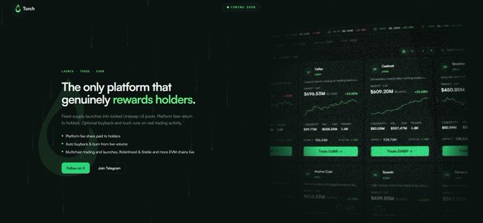 The same "Torch" website screenshot as the previous image, displaying the tagline "The only platform that genuinely rewards holders" alongside a token pricing dashboard.