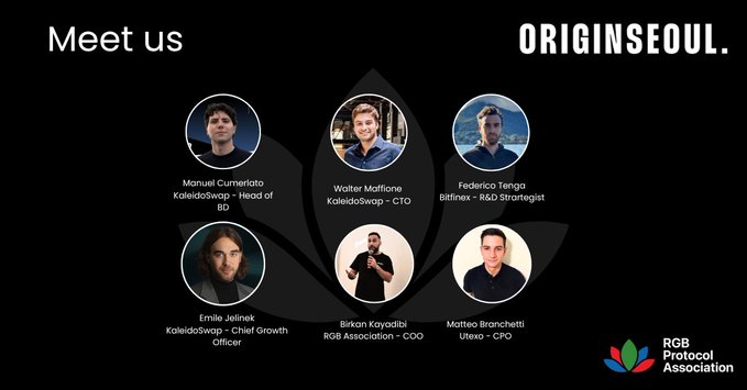 A 'Meet us' slide for ORIGINSEOUL, an RGB Protocol Association company, showing six team members: Manuel Cumerlato (KaleidoSwap - Head of BD), Walter Mafflone (KaleidoSwap - CTO), Federico Tenga (Bitfinex - R&D Strategist), Emilie Jelinek (KaleidoSwap - Chief Growth Officer), Birkan Kayadibi (RGB Association - COO), and Matteo Branchetti (Utexo - CPO).