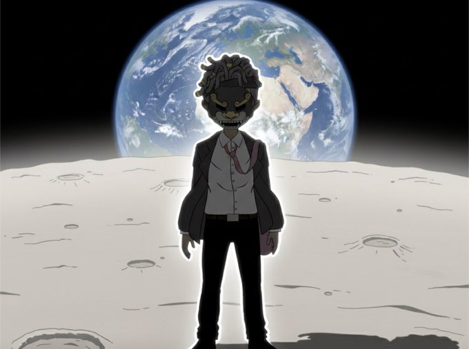 An animated character wearing a mask, dress shirt, tie, and suit jacket stands on the moon's surface with the Earth visible in the background.